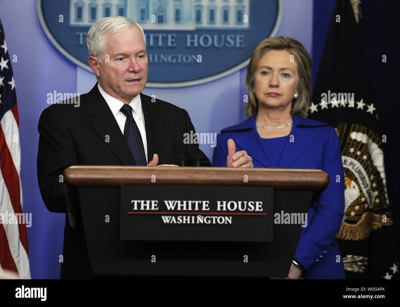 Secretary of Defense Robert Gates discusses the Afghanistan-Pakistan Annual Review in the Brady Press Briefing Room of the White House Washington on December 16, 2010. With him is Secretary of State Hillary Rodham Clinton.     UPI/Roger L. Wollenberg Stock Photo