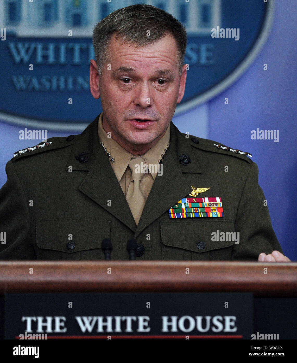 Joint Chiefs of Staff Vice Chairman Gen. James Cartwright discusses the Afghanistan-Pakistan Annual Review in the Brady Press Briefing Room of the White House Washington on December 16, 2010.     UPI/Roger L. Wollenberg Stock Photo