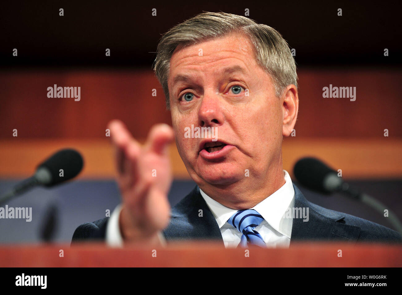Sen. Lindsey Graham (R-SC) speaks at a news conference on legislation to repeal and replace the health care law by allowing states to 'Opt-Out' of its major provisions, on Capitol Hill in Washington on February 1, 2011.  UPI/Kevin Dietsch.. Stock Photo