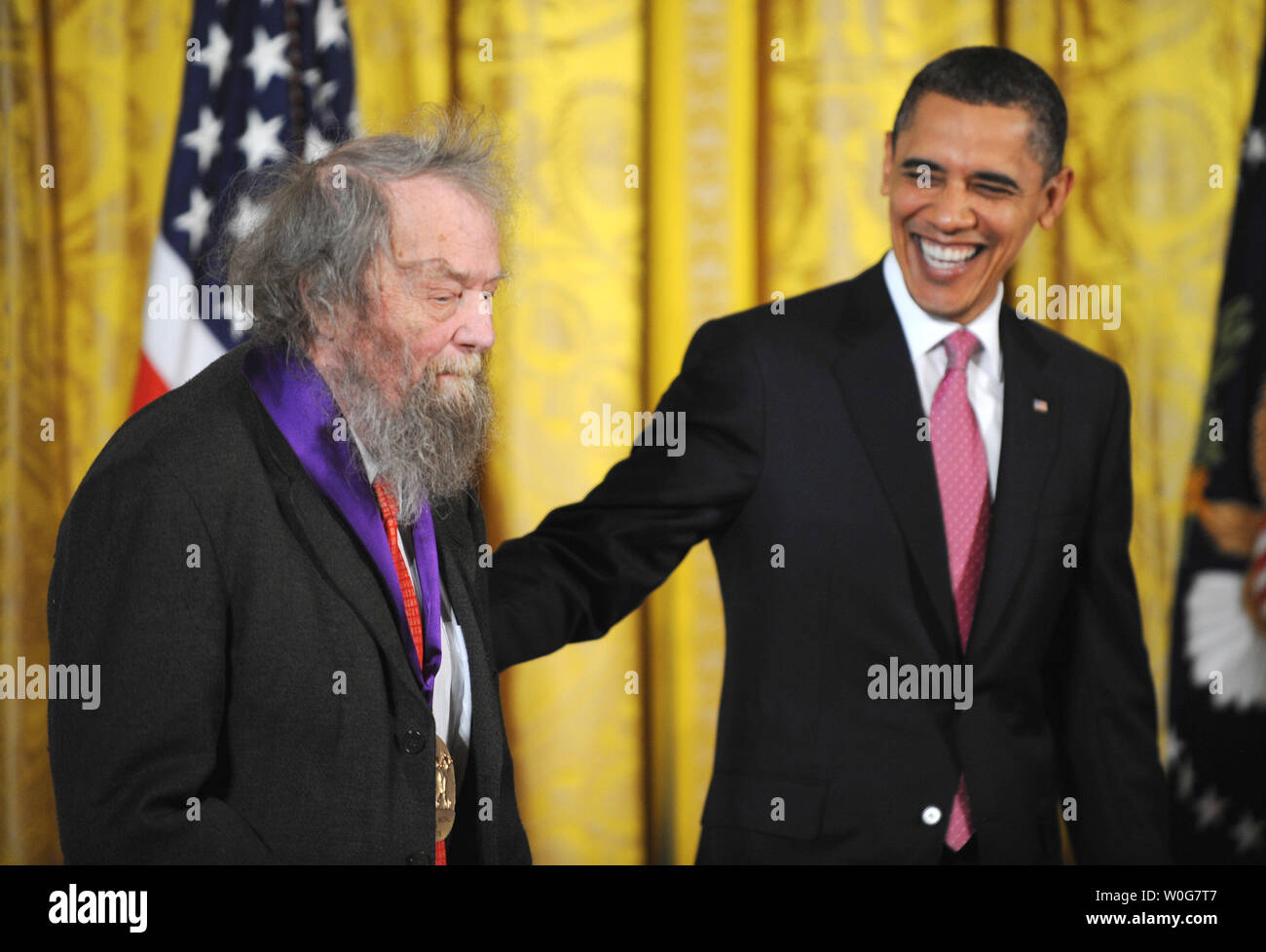 United States President Barack Obama presents the 2010 National Medal of  Arts Medal to poet Donald Hall in the East Room of the White House in Washington, DC on March 2, 2011.  The annual awards are managed by the National Endowment for the Arts.   UPI/Pat Benic Stock Photo