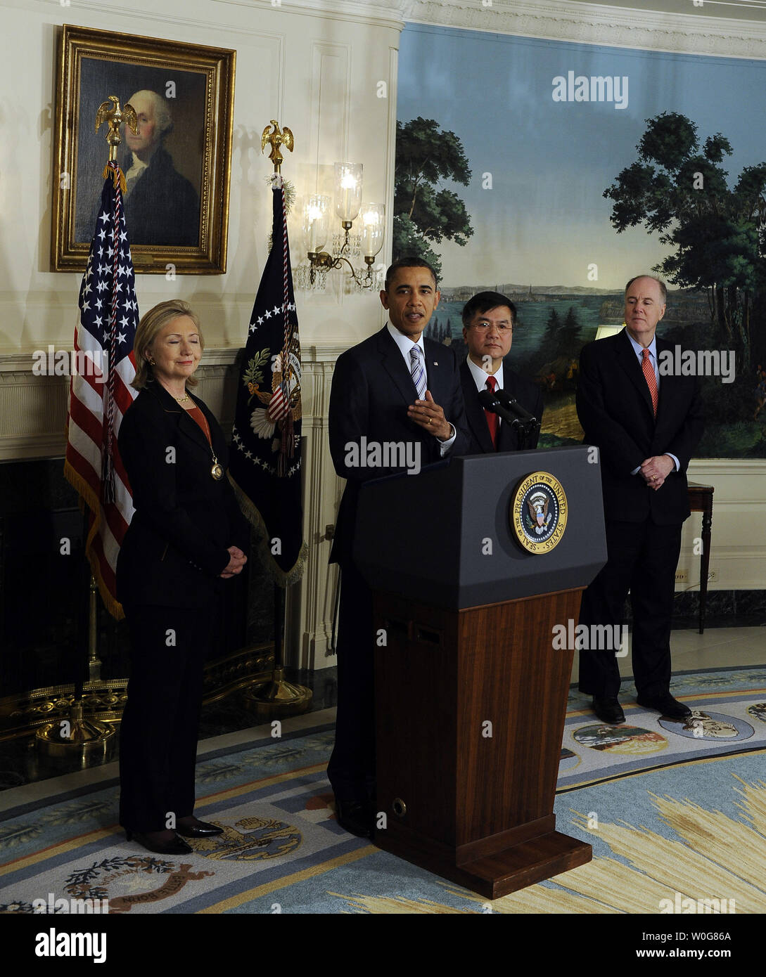 Secretary of State Hillary Rodham Clinton, U.S. President Barack Obama, Secretary of Commerce Gary F. Locke and National Security Advisor Tom Donilon (L to R) attend an announcement where Obama named Locke as his choice as Ambassador to China in the Diplomatic Reception Room of the White House in Washington on March 9, 2011.    UPI/Roger L. Wollenberg. Stock Photo