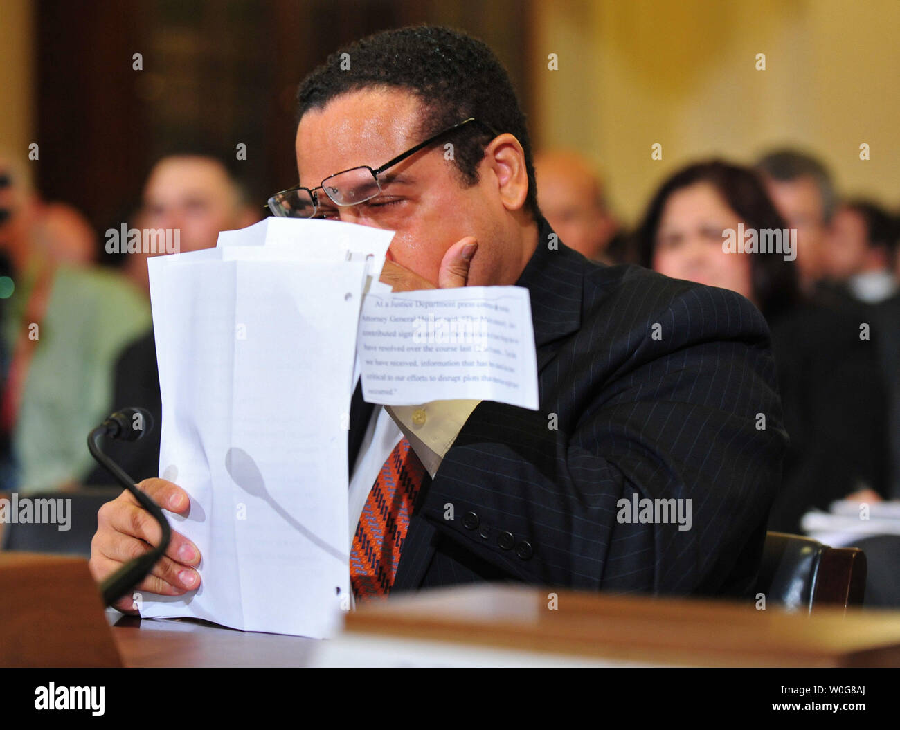 Rep. Keith Ellison (D-Minn) becomes emotional as he testifies during a House Homeland Security Committee hearing on the extent of radicalization in the American Muslim community and the community's response, on Capitol Hill in Washington on March 10, 2011.  UPI/Kevin Dietsch Stock Photo