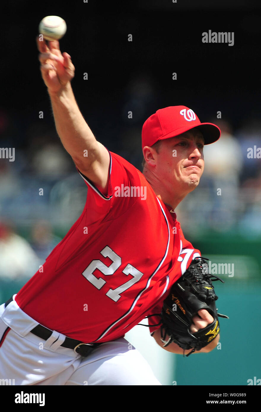 Washington Nationals' pitcher Jordan Zimmermann pitches against the Atlanta Braves during the first inning at Nationals Park in Washington, April 3, 2011.  UPI/Kevin Dietsch Stock Photo