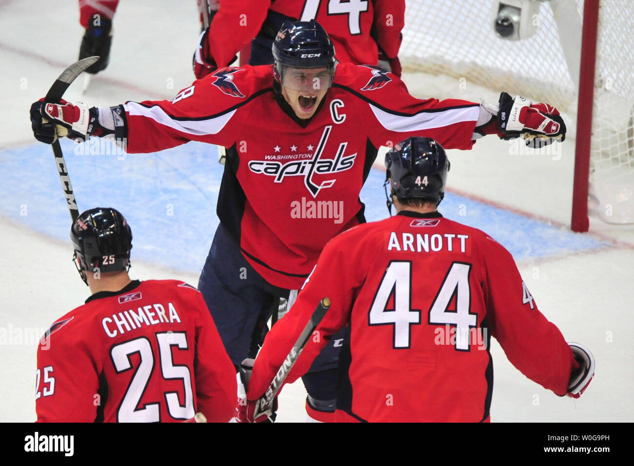 Washington Capitals left wing Alex Ovechkin (8) celebrates after the  Capitals defeated the New York Rangers 1-0 in the third game of round 2 of  the Stanley Cup Playoffs at the Verizon