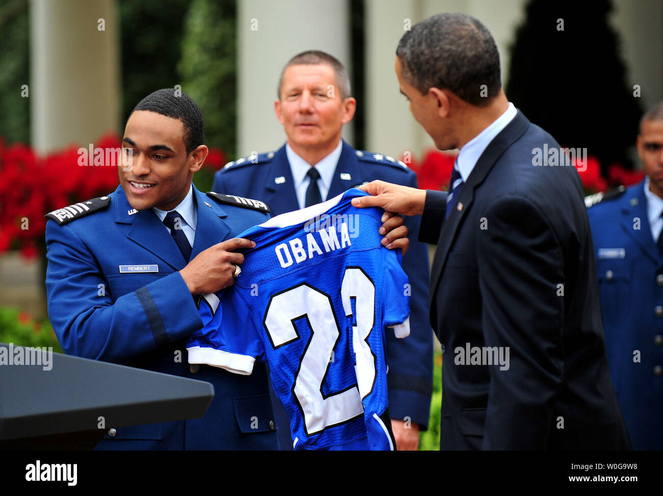 President Barack Obama receives a jersey from Air Force's defensive