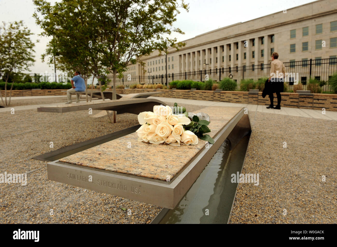 A bouquet of roses rests on a bench placed in memory of Sgt. Maj. Larry