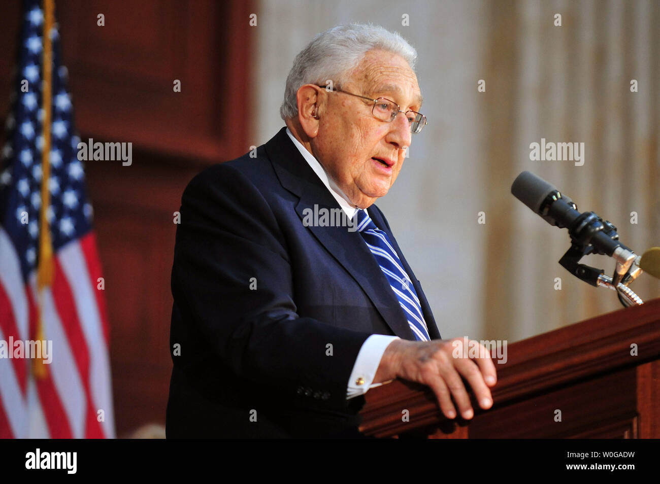 Former Secretary of State Henry Kissinger speaks at the unveiling ceremony for a statue of the late former President Gerald R. Ford in the U.S. Capitol Building in Washington on May 3, 2011.  UPI/Kevin Dietsch Stock Photo