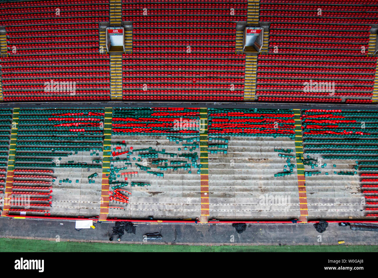 Principality Stadium seating in the process of being reinstalled after temporary removal for a concert, June 2019. Stock Photo