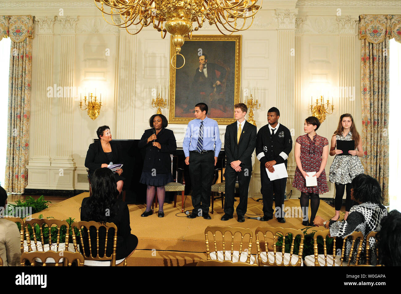 Students from around the country present poetry at a White House poetry, music and arts workshop held by First Lady Michelle Obama at the White House in Washington on May 11, 2011. Stock Photo
