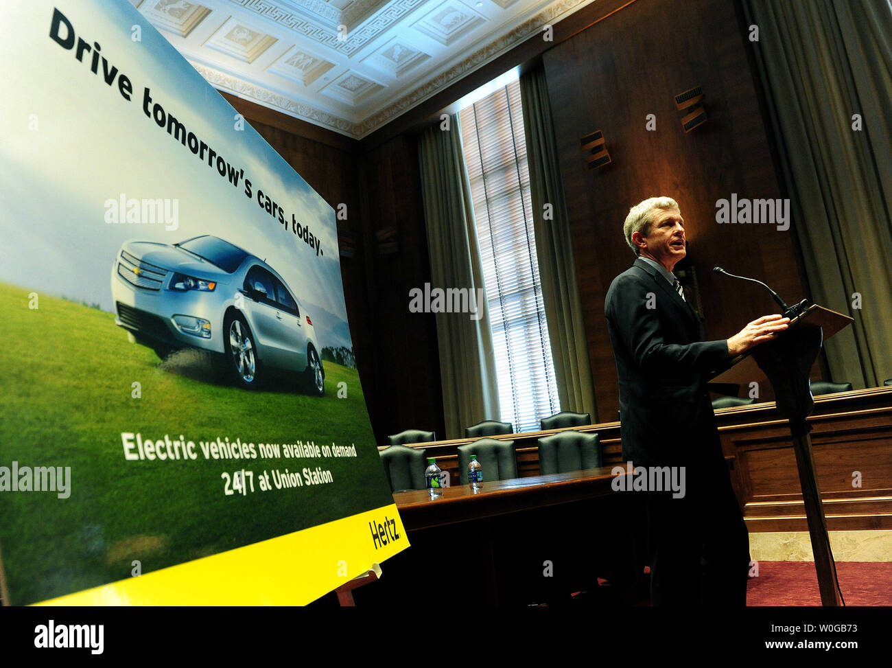 Hertz Senior Vice President Richard Broome speaks about the new Hertz Rental Car Connect program, which allows people to rent electric and plug-in hybrid vehicles, in Washington on May 25, 2011.  UPI/Kevin Dietsch Stock Photo