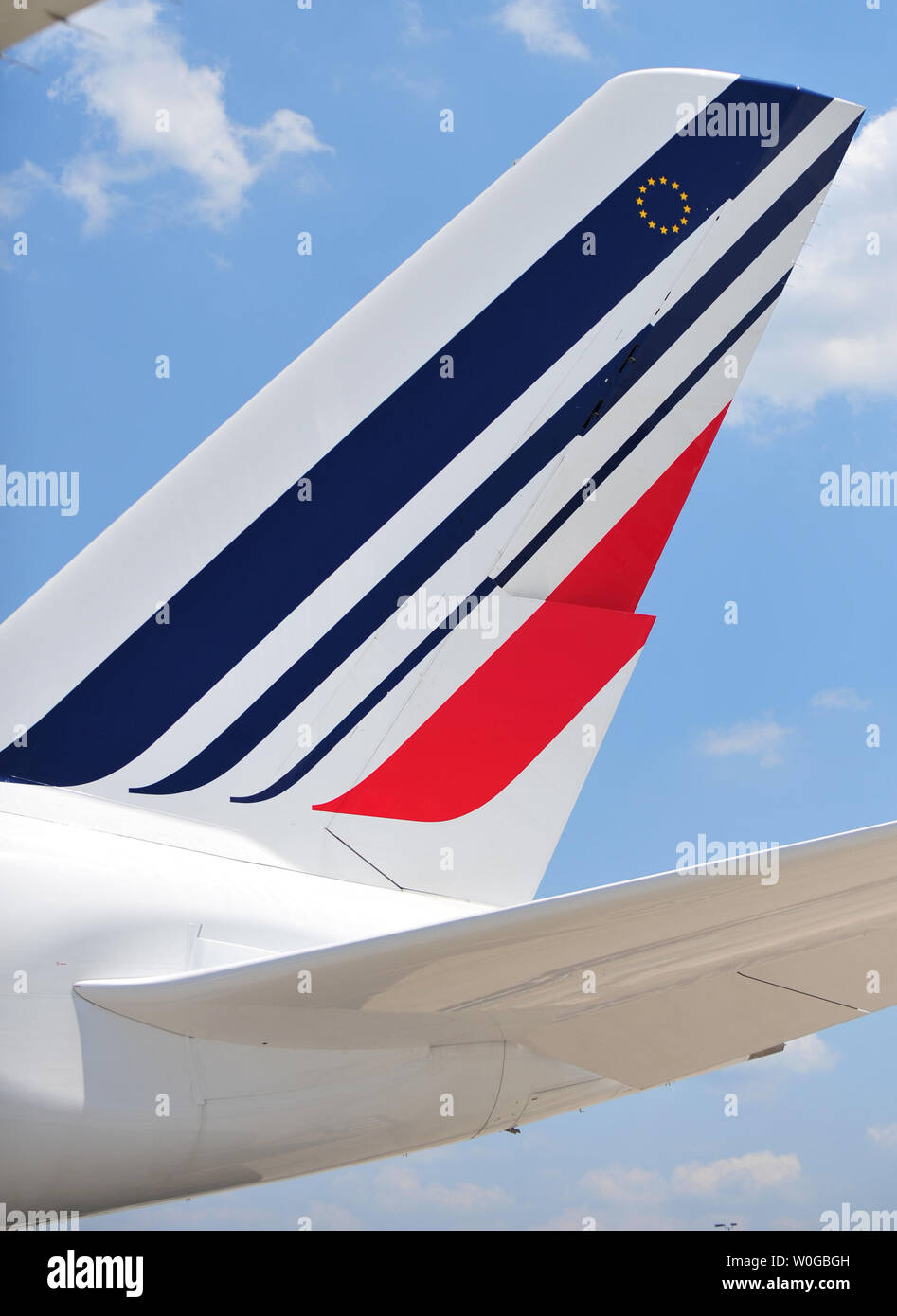 The tail wing of an Air France Airbus A380, the largest