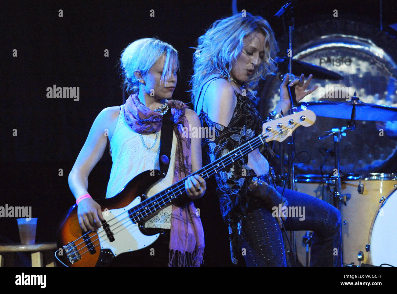 Lead singer Shannon Conley (R) and bass Megan Thomas of the rock group Lez  Zeppelin bring down the house at the State Theater in Falls Church,  Virginia on June 18, 2011. The