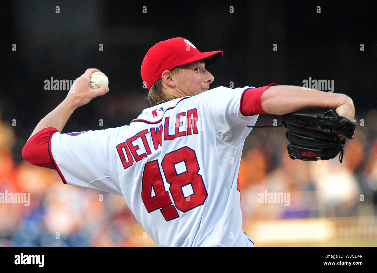 Washington Nationals pitcher Ross Detwiler pitches against the Chicago Cubs during the second inning at Nationals Park in Washington on July 5, 2011. UPI/Kevin Dietsch Stock Photo