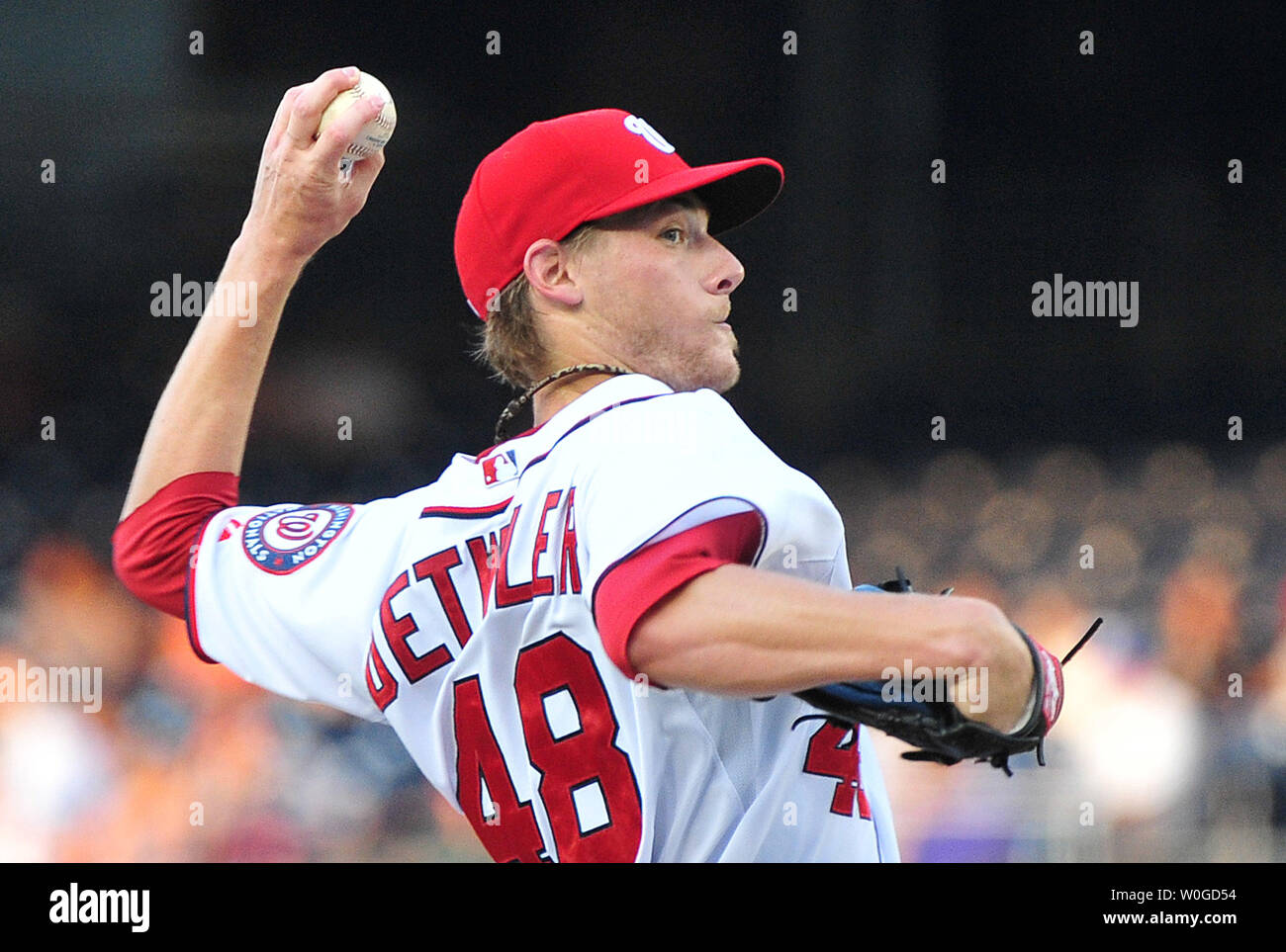Washington Nationals pitcher Ross Detwiler pitches against the Chicago Cubs during the second inning at Nationals Park in Washington on July 5, 2011. UPI/Kevin Dietsch Stock Photo