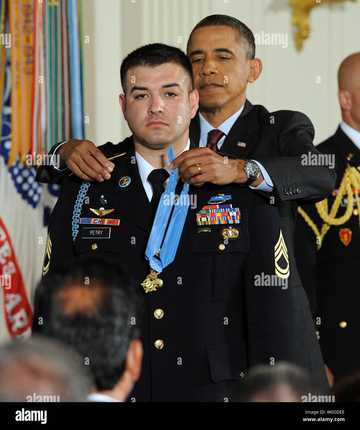 Sergeant First Class Leroy Arthur Petry, U.S. Army, waits to receive his  Medal of Honor from U.S. President Barack Obama for his heroic actions in  Afghanistan in May, 2008, during a ceremony