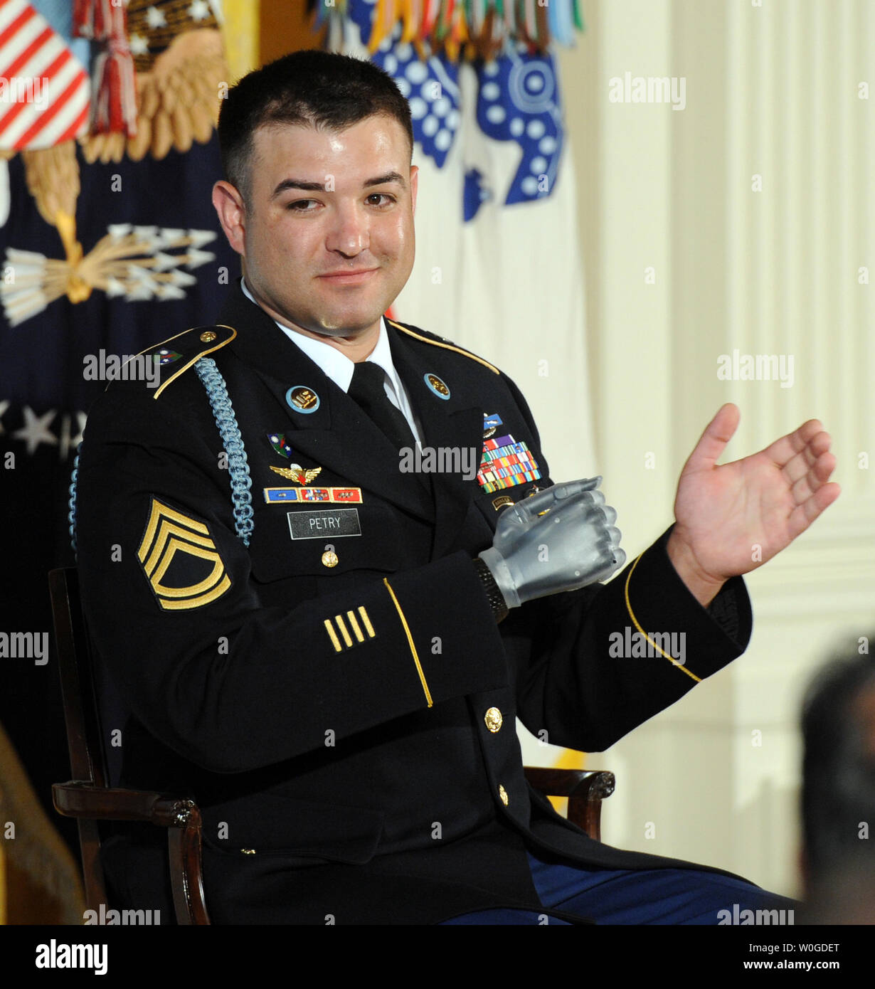 Sergeant First Class Leroy Arthur Petry, U.S. Army, waits to receive his  Medal of Honor from U.S. President Barack Obama for his heroic actions in  Afghanistan in May, 2008, during a ceremony