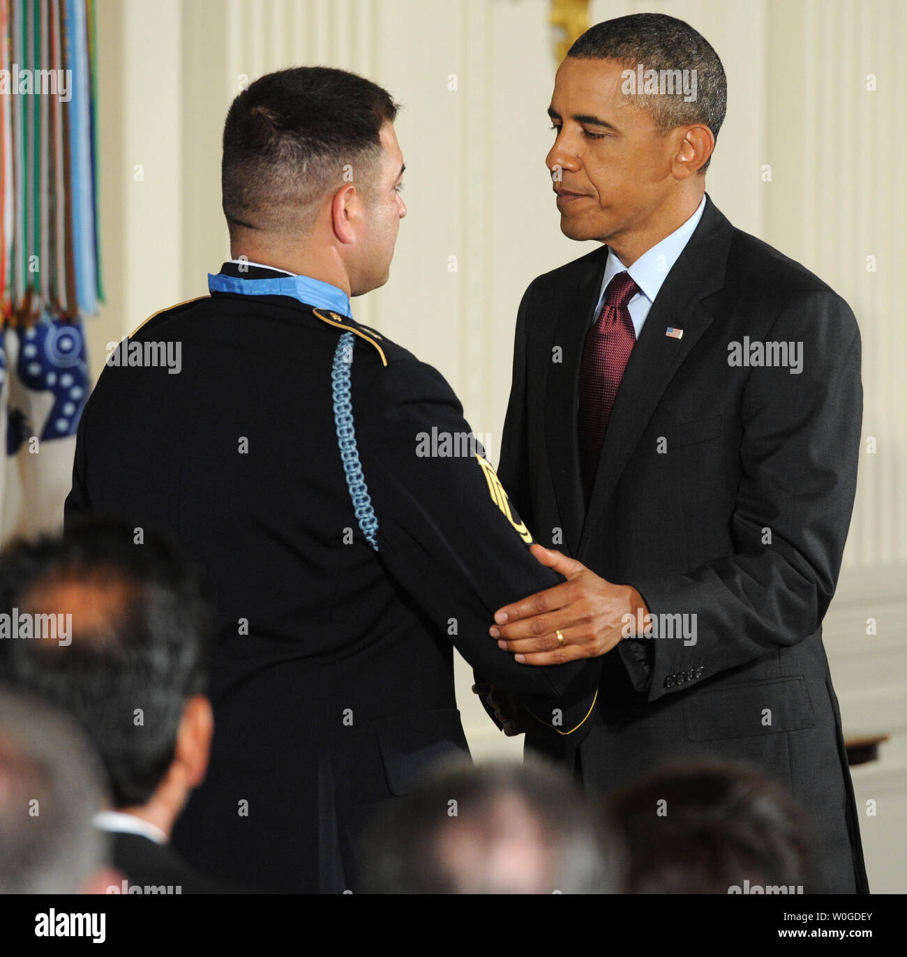 Sergeant First Class Leroy Arthur Petry, U.S. Army, waits to receive his  Medal of Honor from U.S. President Barack Obama for his heroic actions in  Afghanistan in May, 2008, during a ceremony