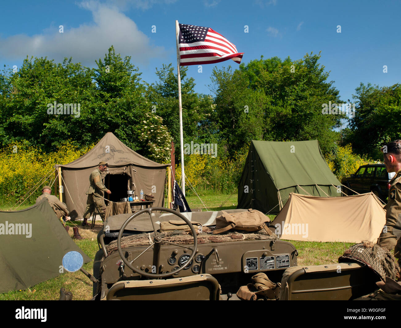 A Normandy campsite being used by World War 2 historical reenactment enthusiasts Stock Photo
