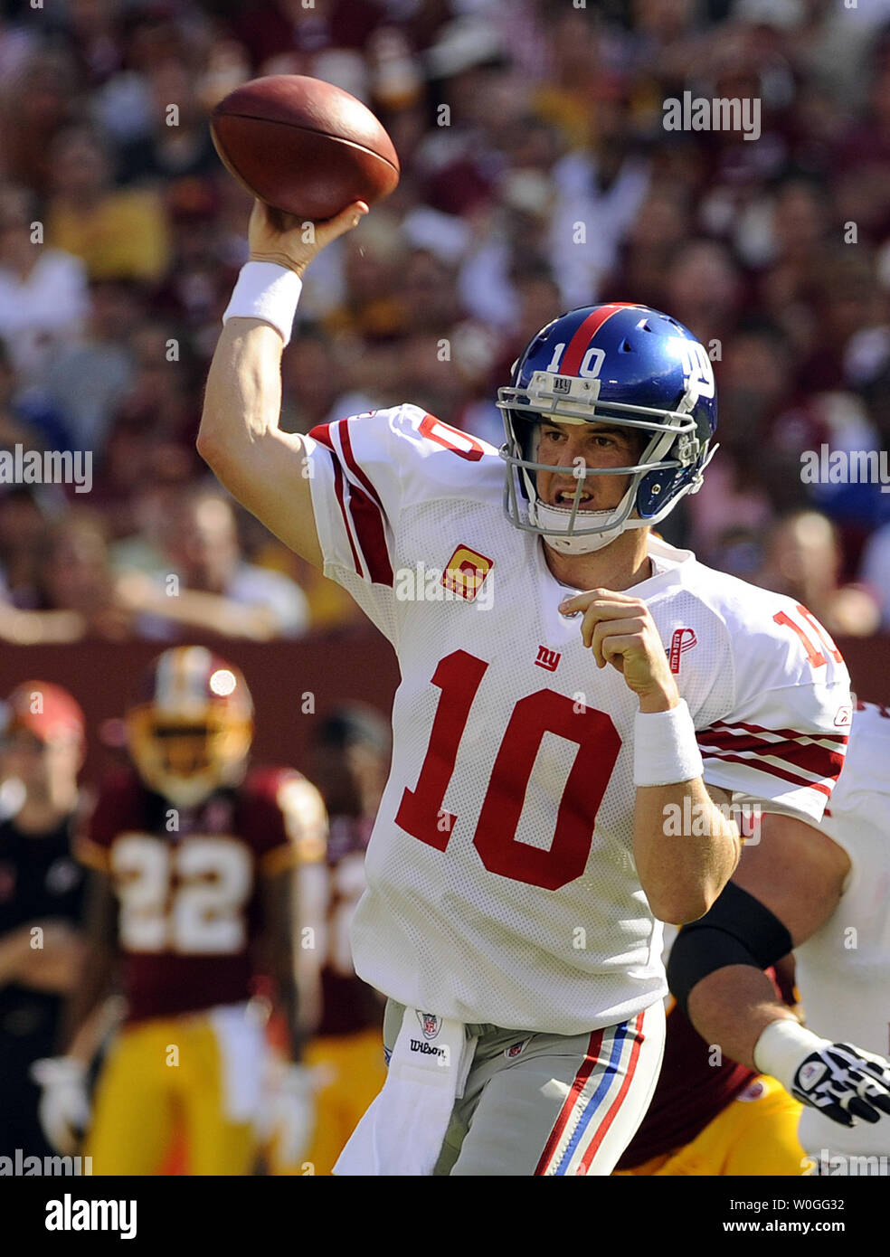 New York Giants quarterback Eli Manning throws a pass against the  Washington Redskins in the first