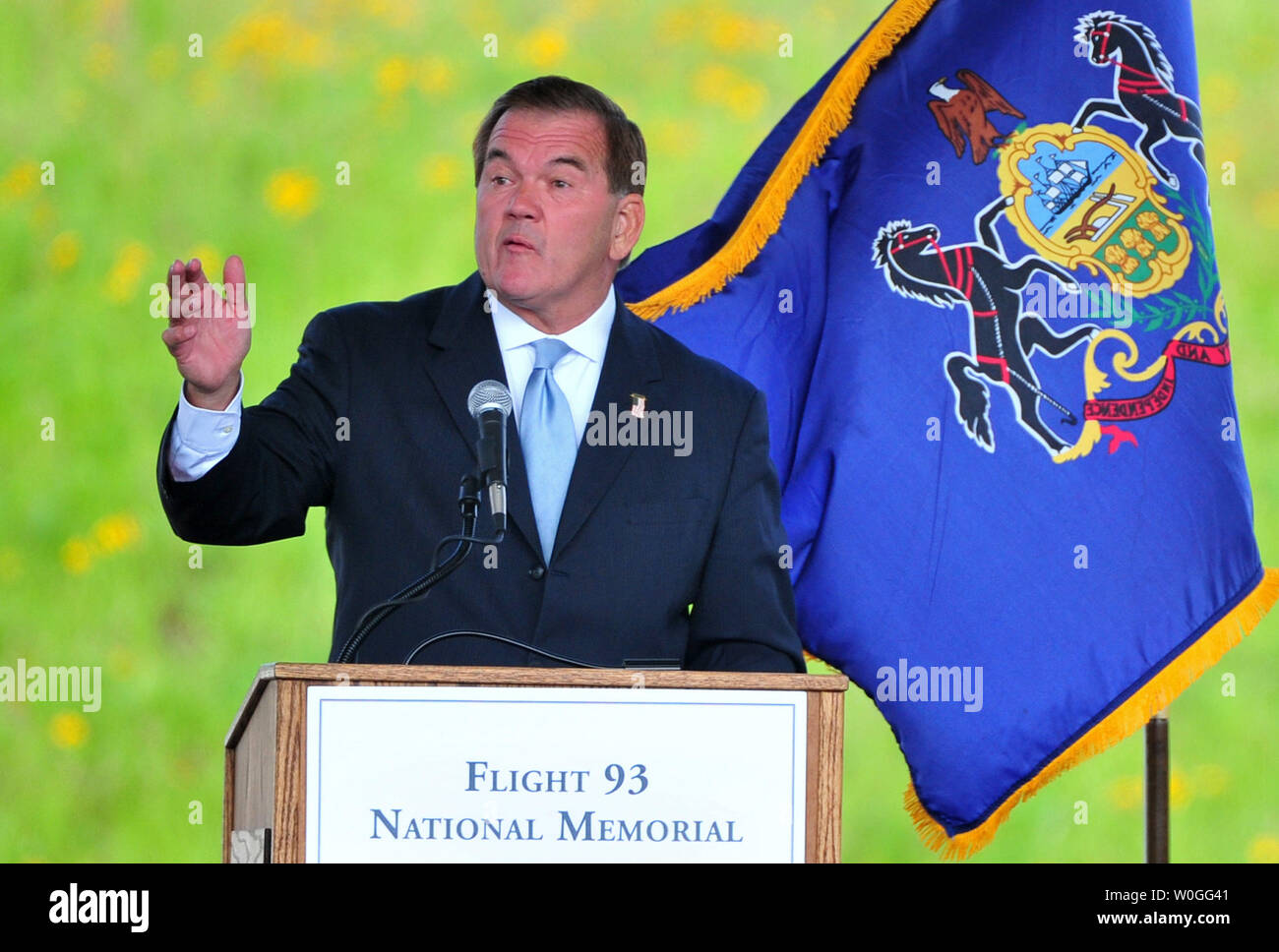 Former Governor Tom Ridge delivers remarks during a service to honor the victims of Flight 93 and to commemorate the tenth anniversary of the 9/11 terrorist attacks, on September 11, 2011 at the Flight 93 National Memorial in Shanksville, Pennsylvania. The Flight 93 Memorial honors the victims of United flight 93 which crashed in Shanksville after the passengers fought back against the hijackers. The plane, which was believed to be headed to a target in Washington, D.C. was downed in the field. UPI/Kevin Dietsch Stock Photo