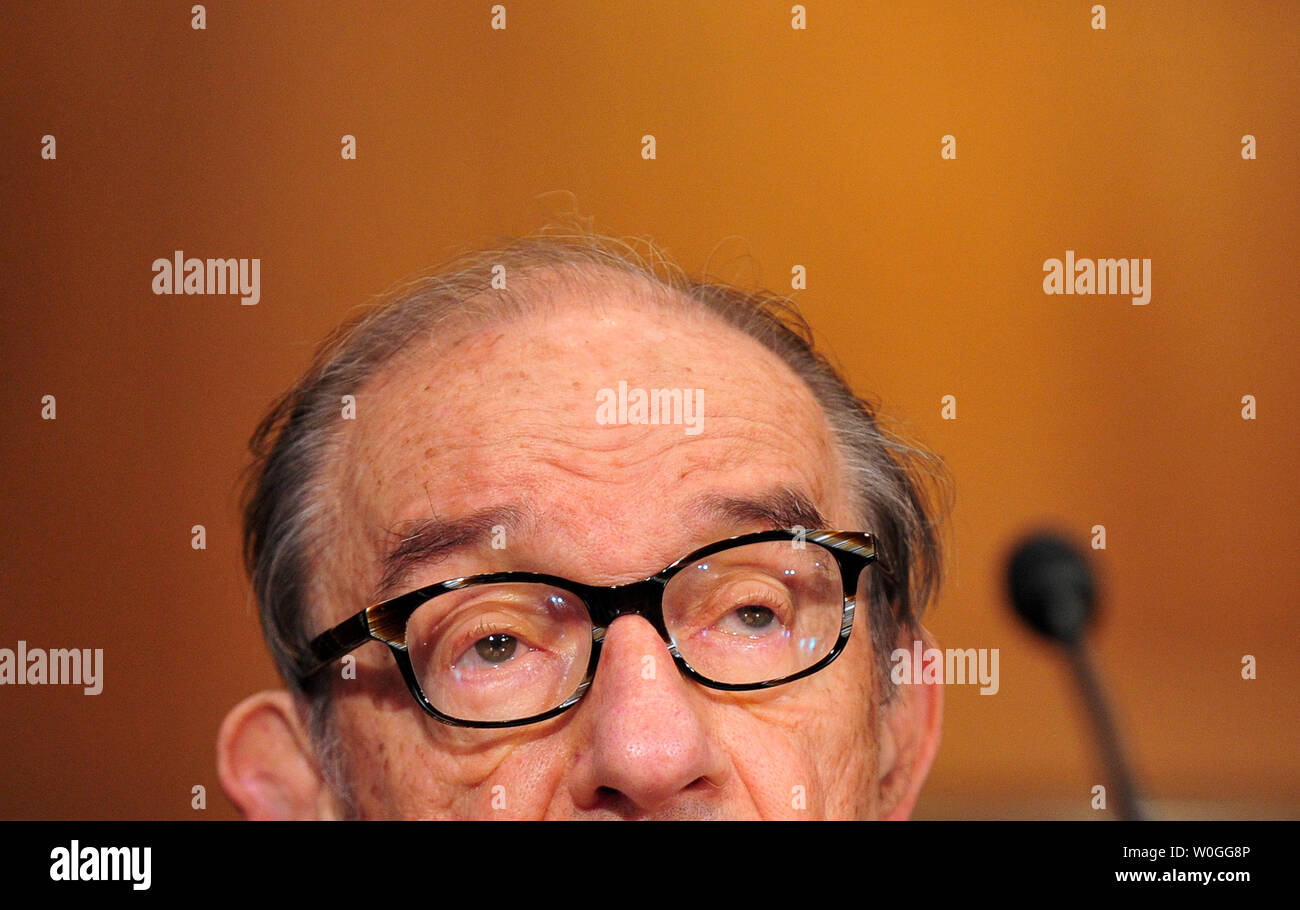 Former Federal Reserve Board Chairman Alan Greenspan testifies before a Senate Finance Committee hearing on tax reform and U.S. fiscal policy Washington on September 13, 2011.  UPI/Kevin Dietsch Stock Photo