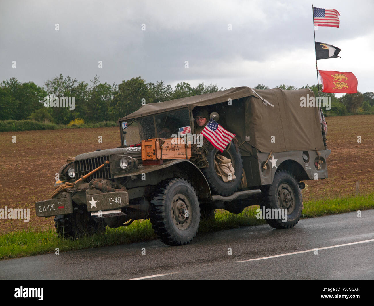 A vintage U.S. Army jeep in Normandy during the D-Day commemorations Stock Photo