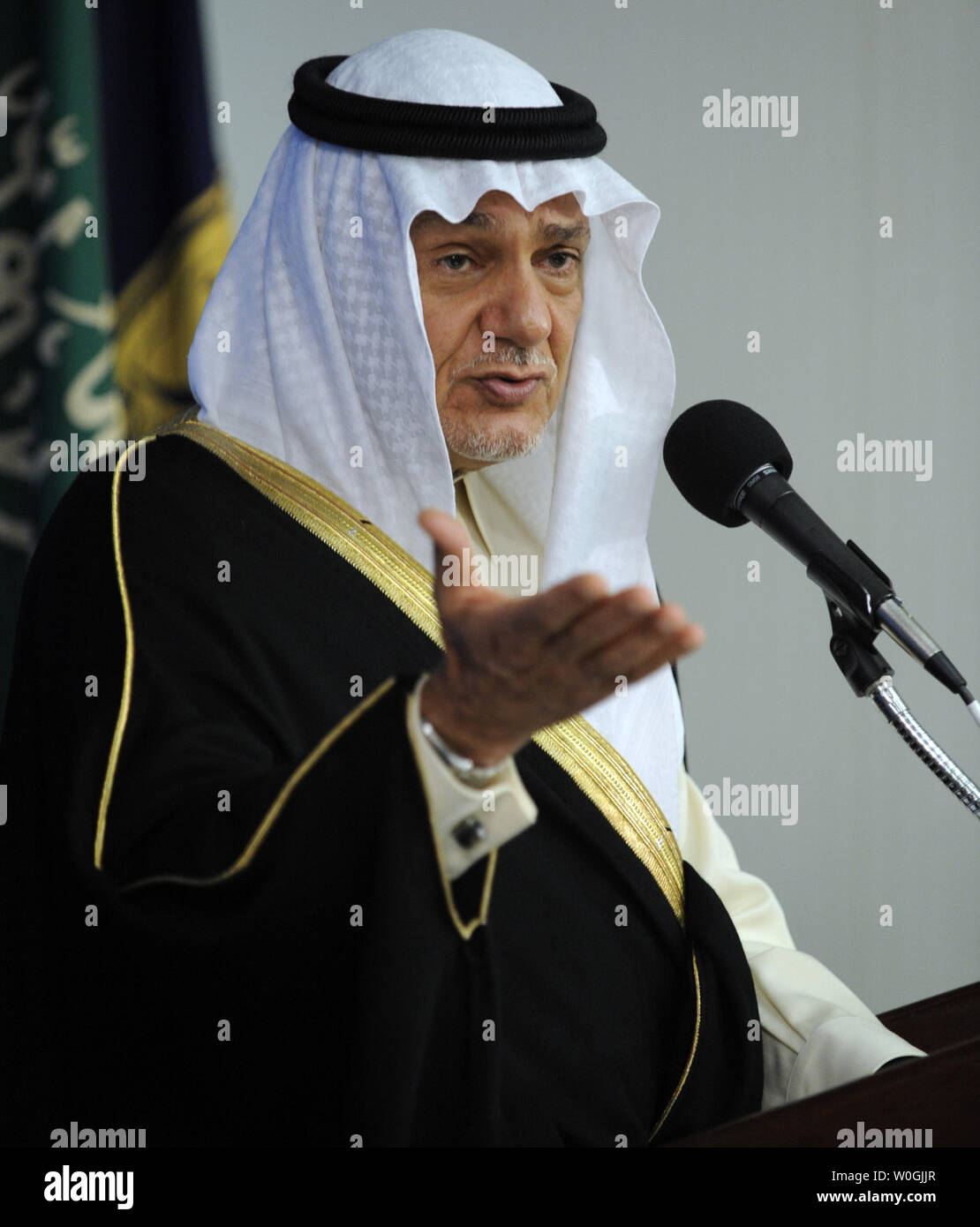 Prince Turki Al Faisal of Saudi Arabia, former director general of the Saudi General Intelligence Directorate and former Saudi ambassador to the United States, discusses the alleged Iranian plot to assassinate the Saudi Arabian ambassador to the Unite States; the evolving role and rights of women in Saudi Arabia, including King Abdullah's decision to grant women the right to vote in 2015; and Saudi Arabia's support for Palestinian UN membership and statehood recognition during a news conference at the National Press Club in Washington on November 15, 2011.   UPI/Roger L. Wollenberg Stock Photo