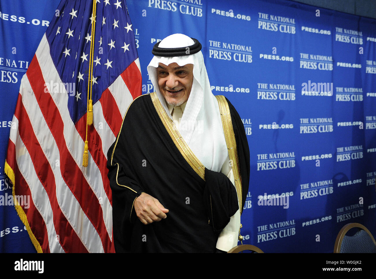 Prince Turki Al Faisal of Saudi Arabia, former director general of the Saudi General Intelligence Directorate and former Saudi ambassador to the United States, discusses the alleged Iranian plot to assassinate the Saudi Arabian ambassador to the Unite States; the evolving role and rights of women in Saudi Arabia, including King Abdullah's decision to grant women the right to vote in 2015; and Saudi Arabia's support for Palestinian UN membership and statehood recognition during a news conference at the National Press Club in Washington on November 15, 2011.   UPI/Roger L. Wollenberg Stock Photo