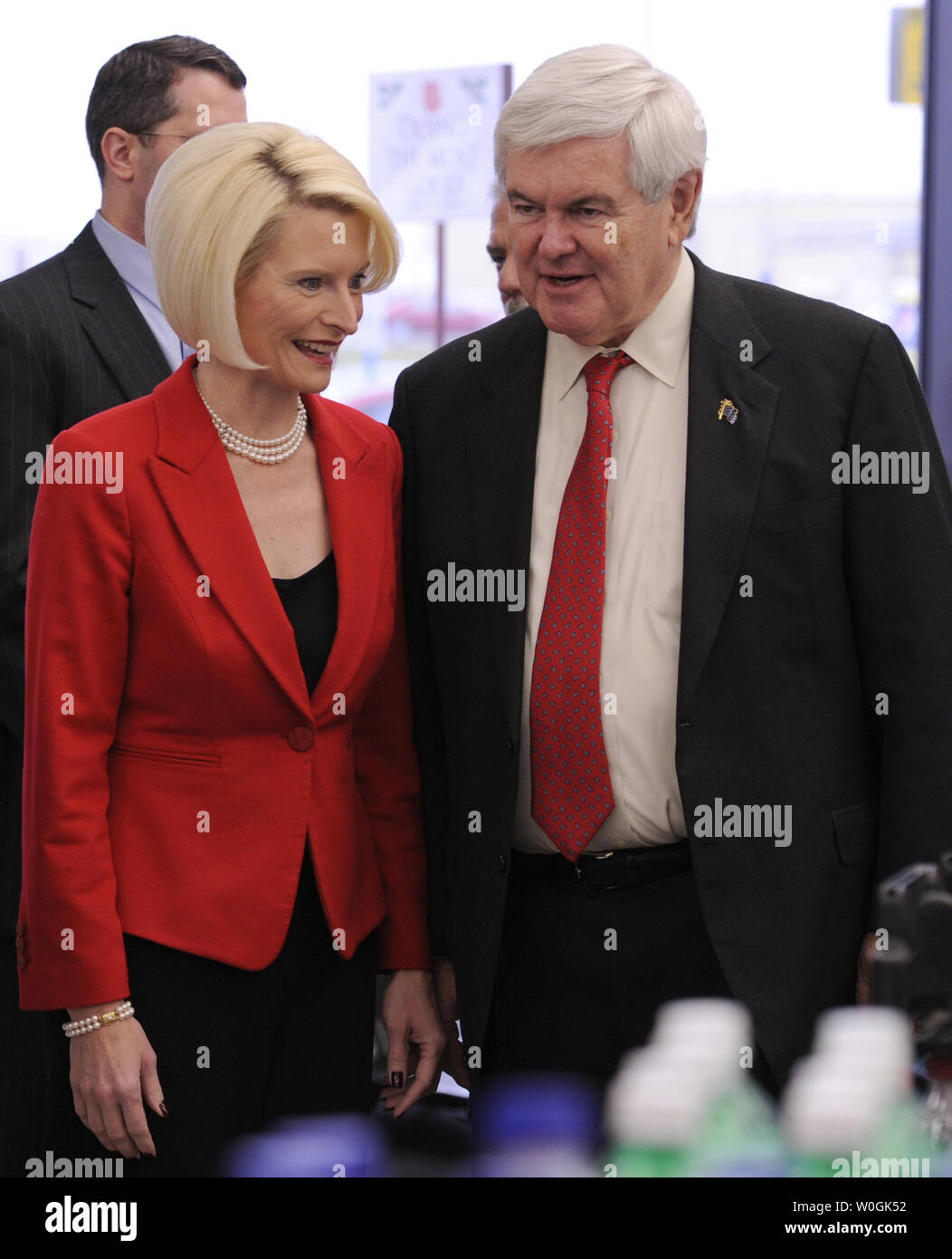 Republican 2012 presidential candidate and former US House Speaker Newt Gingrich and his wife Callista arrive for a meet-and-greet at a Hy-Vee grocery store, in Mt. Pleasant, Iowa, December 20, 2011, in advance of Iowa's first-in-the-nation caucuses, January 3,2012.    UPI/Mike Theiler Stock Photo