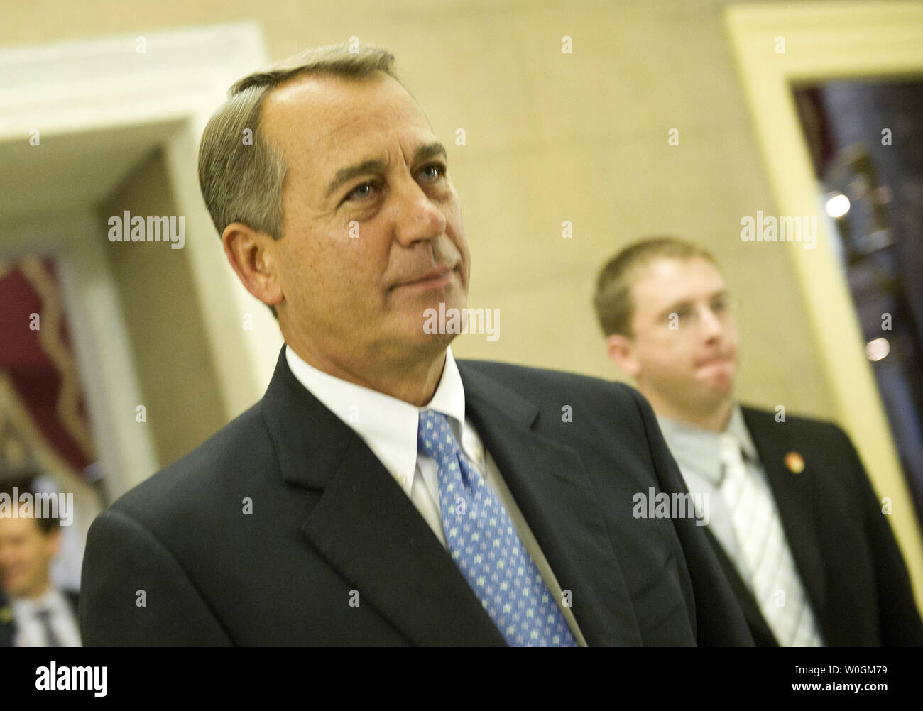 Speaker of the House John Boehner (R-OH) walks back to his office after voting on the House floor in the U.S. Capitol Building in Washington on December 20, 2011.  UPI/Kevin Dietsch Stock Photo