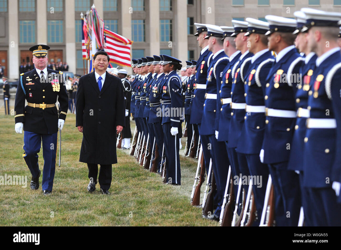 Chinese Vice President Xi Jinping participates in a full honors arrival ceremony outside the Pentagon in Arlington, Virginia on February 14, 2012.  UPI/Kevin Dietsch Stock Photo