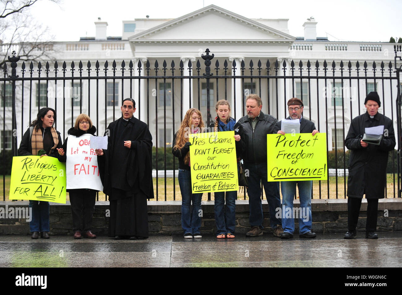 A pro-life activists protest in front of the White House in Washington, D.C. on February 16, 2012. The group was protesting President Obama's new health care mandate requiring religious organizations to cover birth control.  UPI/Kevin Dietsch Stock Photo