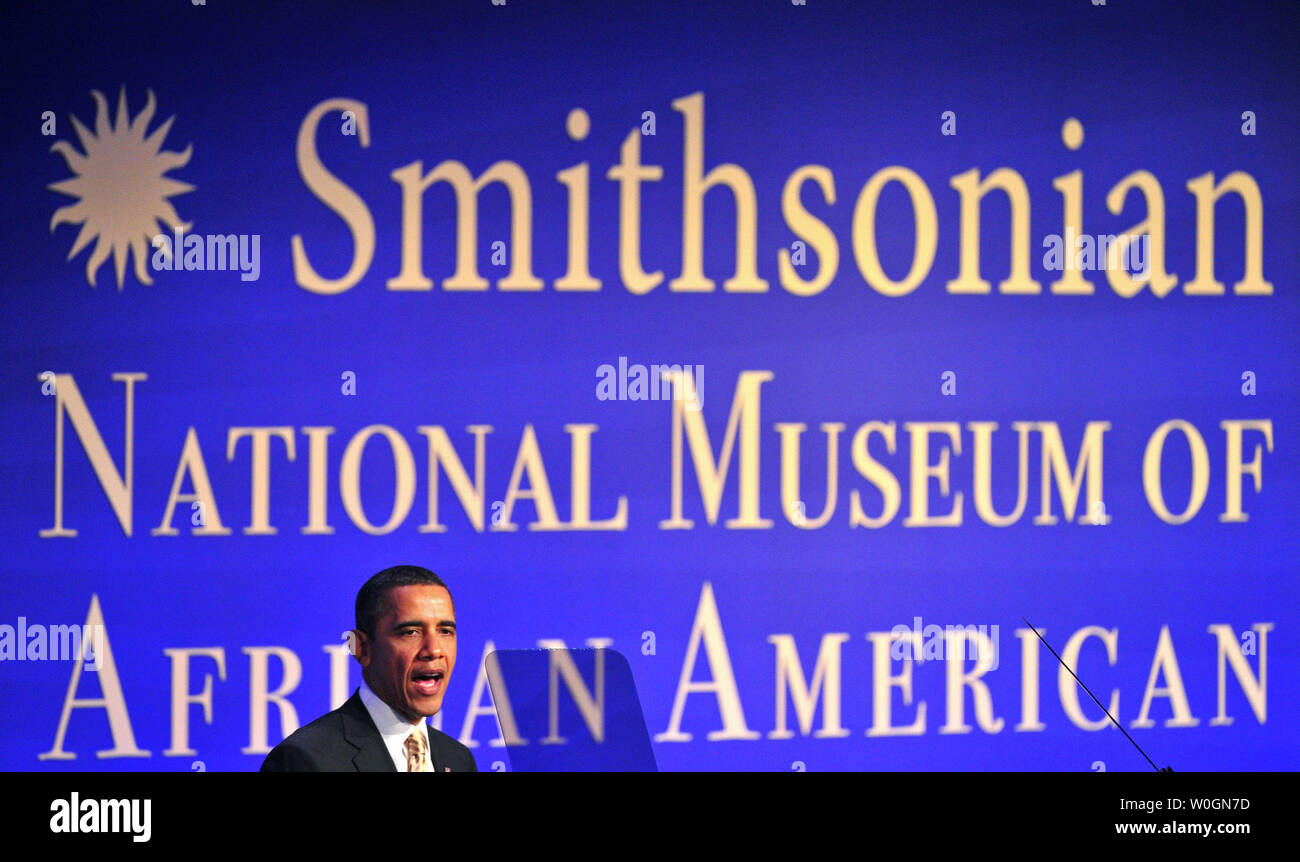 President Barack Obama speaks at the ground breaking ceremony for the Smithsonian National Museum of African American History and Culture in Washington, D.C. on February 22, 2012.  The museum is set to open in 2015. UPI/Kevin Dietsch Stock Photo
