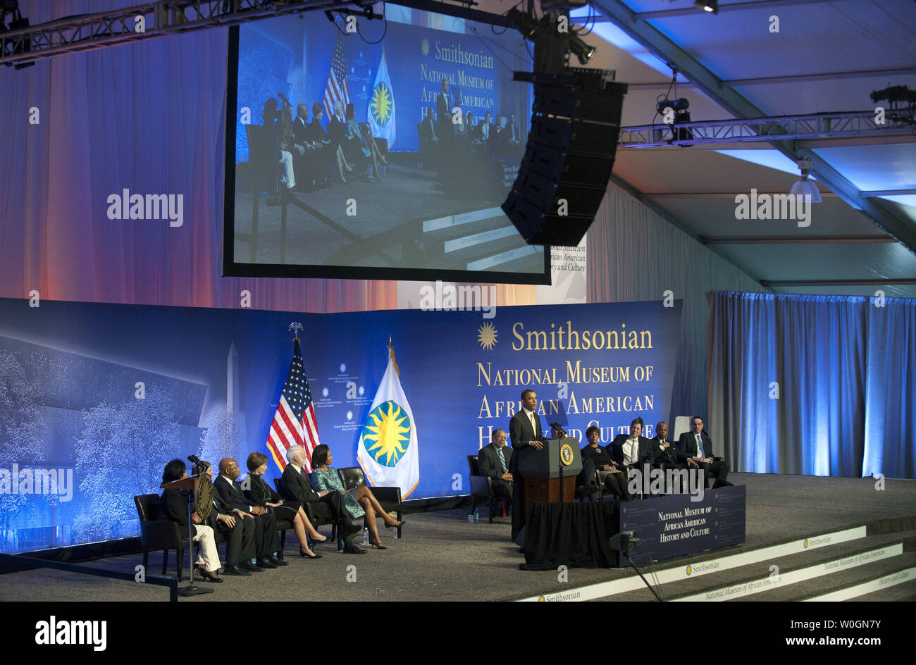 President Barack Obama speaks at the ground breaking ceremony for the Smithsonian National Museum of African American History and Culture in Washington, D.C. on February 22, 2012. Obama was joined by Smithsonian, religious and political leaders. The museum is set to open in 2015. UPI/Kevin Dietsch Stock Photo