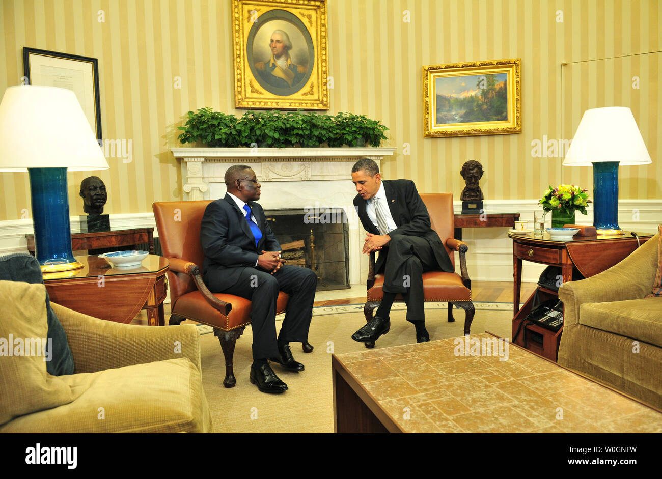President Barack Obama meets with President John Evans Atta Mills of Ghana in the Oval Office of the White House in Washington, D.C. on March 8, 2012.  UPI/Kevin Dietsch Stock Photo