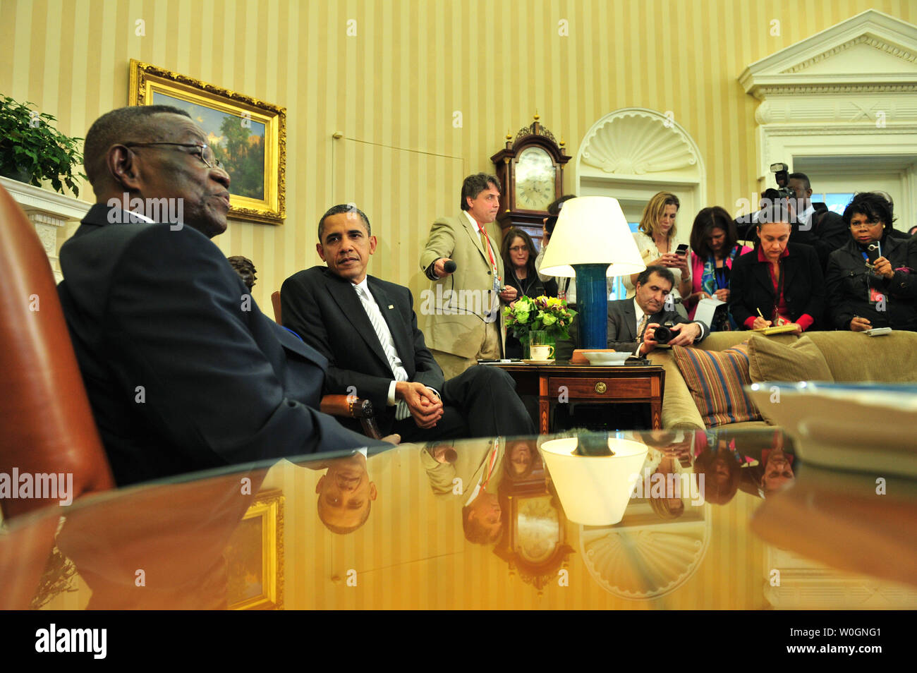President Barack Obama meets with President John Evans Atta Mills of Ghana in the Oval Office of the White House in Washington, D.C. on March 8, 2012.  UPI/Kevin Dietsch Stock Photo