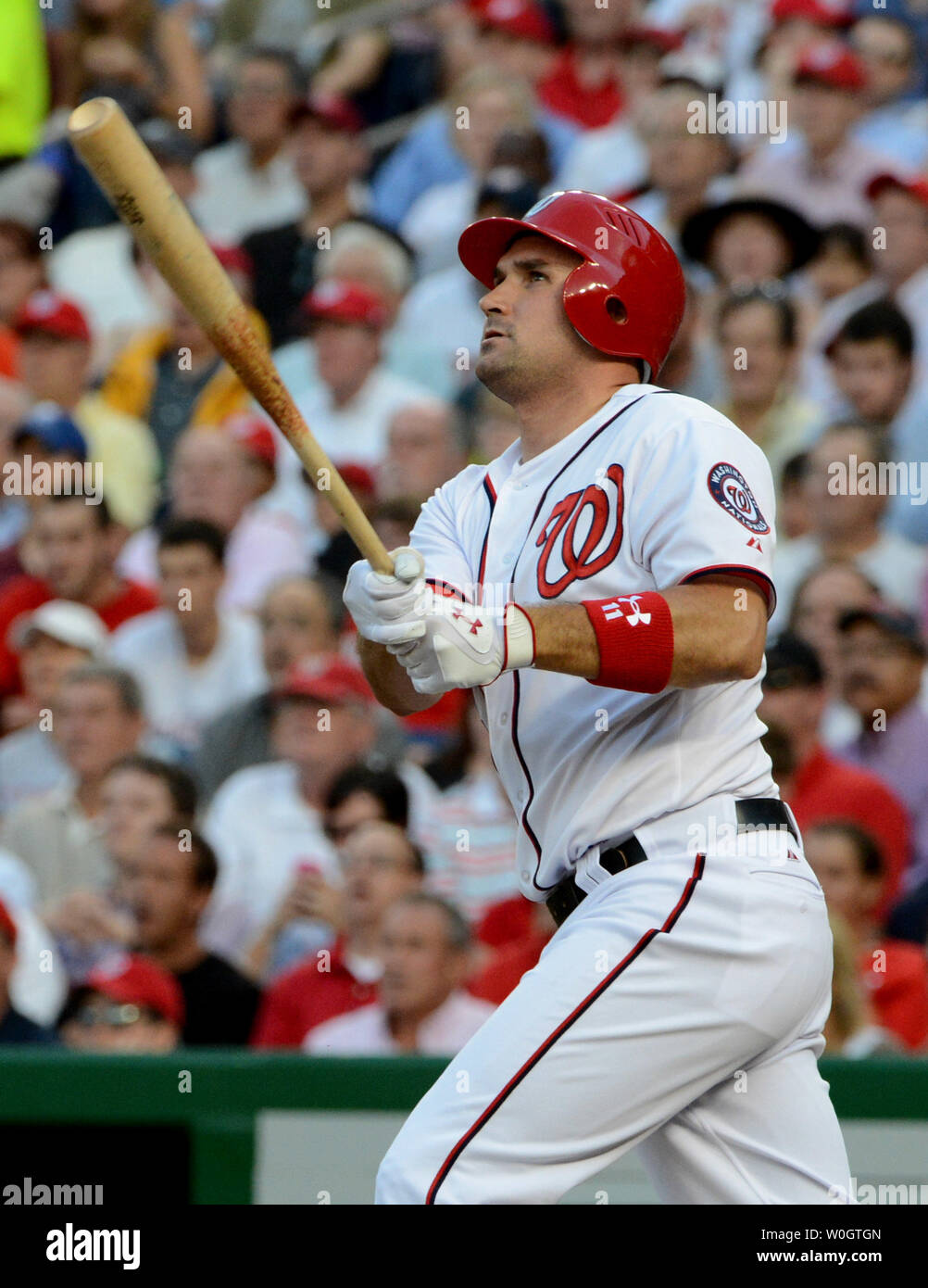 Washington Nationals Ryan Zimmerman hits a long fly out to left in the thrid inning of game against the New York Yankees at Nationals Park in Washington, DC on June 15, 2012.   UPI/Pat Benic Stock Photo