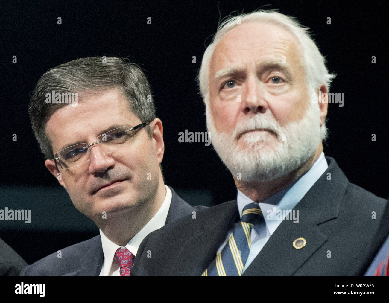 French Ambassador to the United States Francois Delattre (L) and Smithsonian Secretary Wayne Clough participate in a symposium to celebrate the 50th anniversary of the Telstar communications satellite and the birth of global telecommunications, at the National Air and Space Museum in Washington, D.C. on July 12, 2012. Telstar 1 launched on July 10, 1962 was the first communications satellite.  UPI/Kevin Dietsch Stock Photo