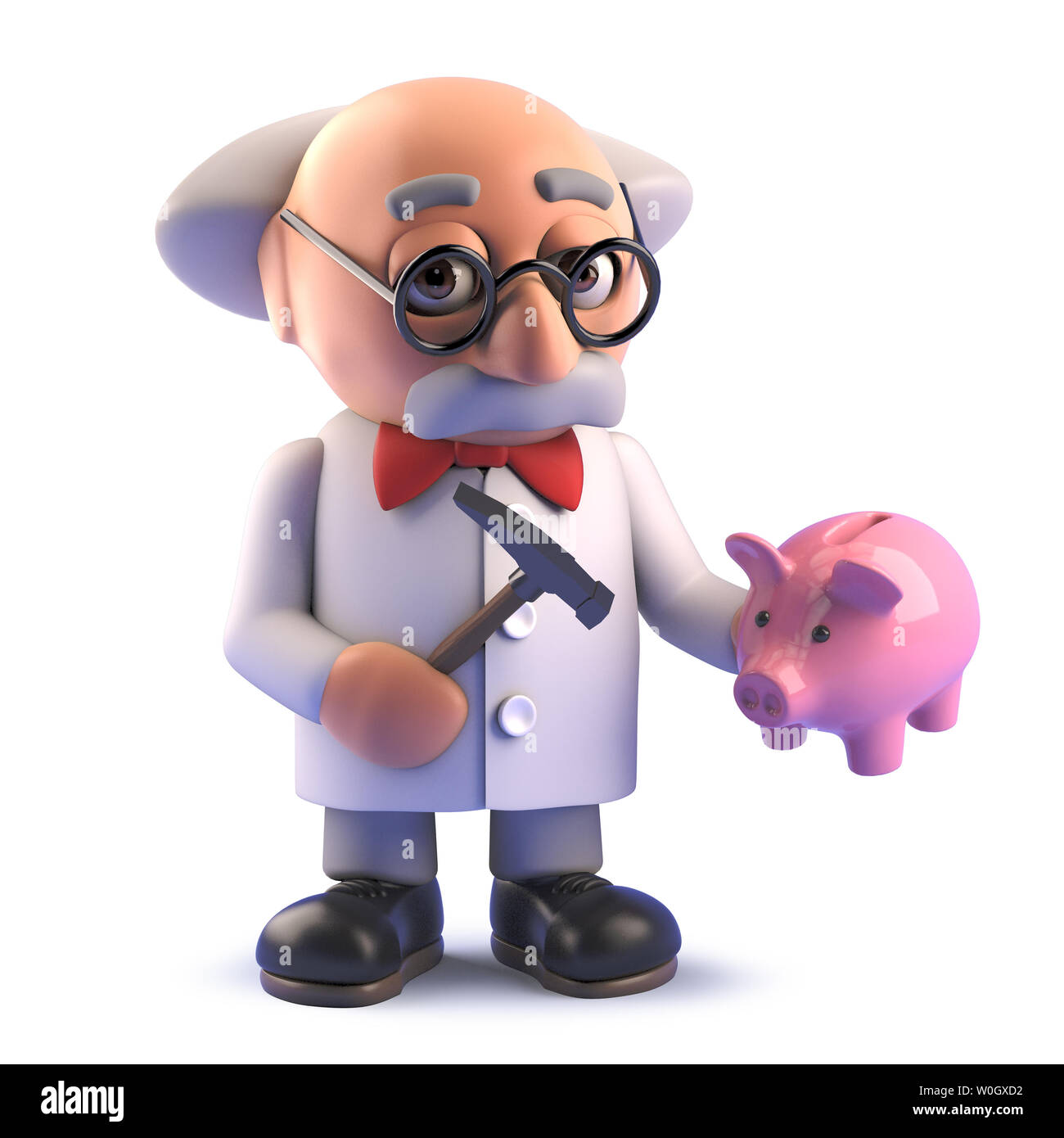 Rendered image of a cartoon mad scientist professor ready to smash his piggy bank, 3d illustration Stock Photo