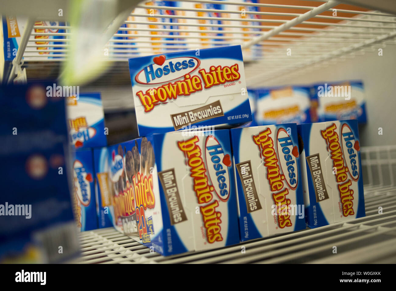 Hostess products are seen on a grocery store shelf in Silver Spring, Maryland on November 20, 2012. Hostess Brands, the maker of Twinkies, Ding Dongs, Wonder Bread and other baked goods, announced on November 9 it will shut down after it's Chapter 11 bankruptcy restructuring failed in the wake of a workers strike brought on by an imposed contract that would cut workers' wages by 8 percent.  UPI/Kevin Dietsch Stock Photo