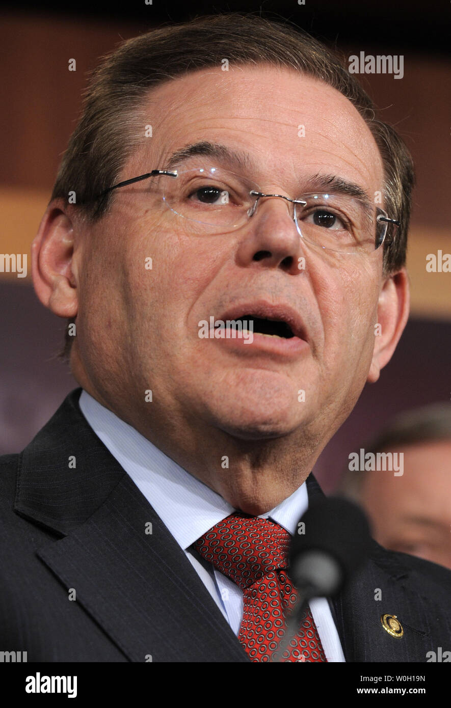 Sen. Robert Menendez ((D-NJ) makes remarks on a bi-partison plan to introduce immigration reform, at the US Capitol, January 28, 2013, in Washington, DC. The legislation follows the so-called *Dream Act*, a comprehensive path to citizenship for millions of illegal aliens in the US.  UPI/Mike Theiler Stock Photo