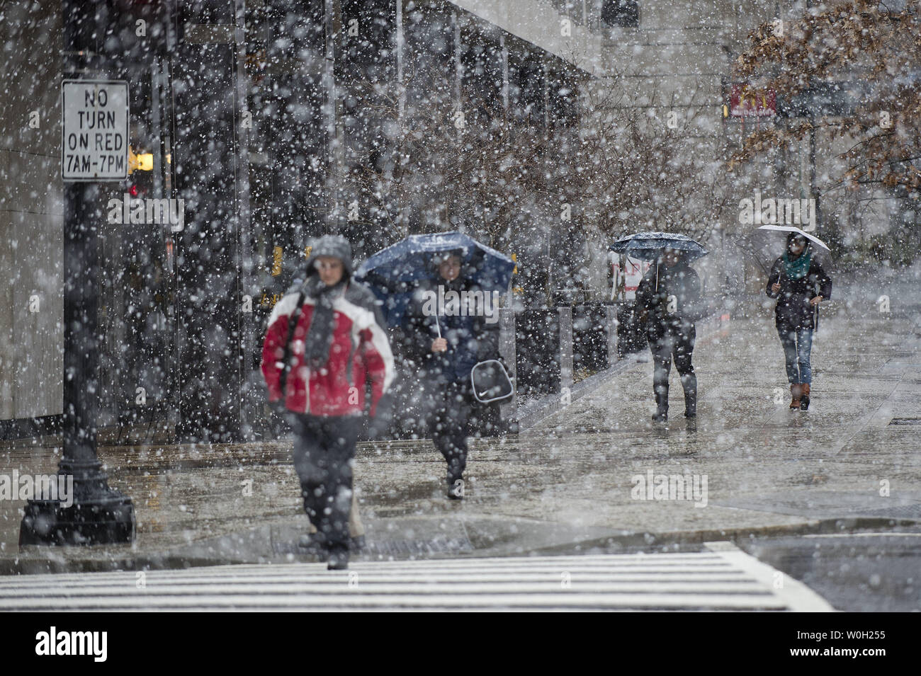 Pedestrians cross Pennsylvania Ave. as snow and rain begin to fall on March 6, 2013 in Washington, D.C. Meteorologist are predicting anywhere from five to ten inches of snow to fall inside the Capital Beltway, and significantly more further north and west.  UPI/Kevin Dietsch Stock Photo