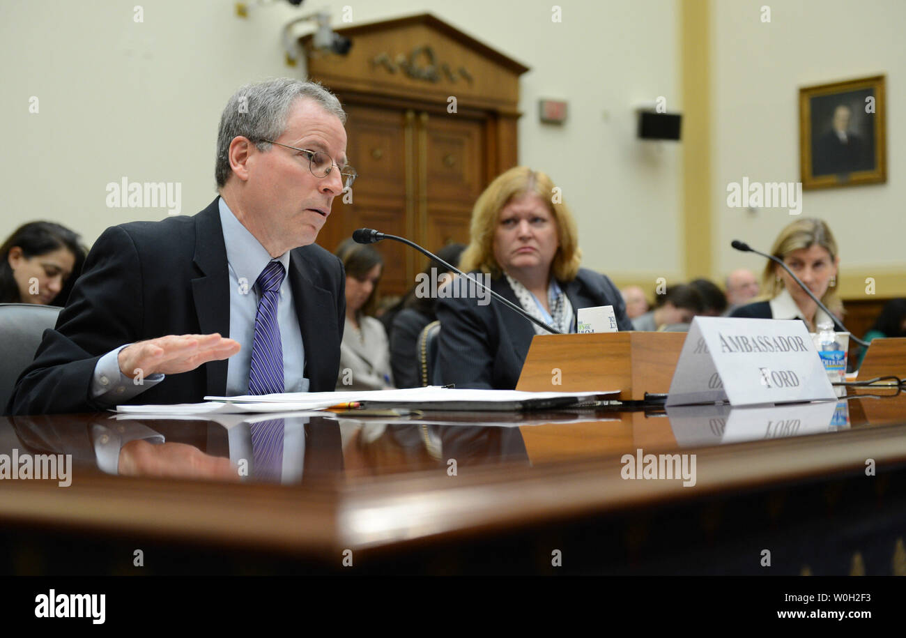Robert S. Ford (L), American Ambassador to Syria, Anne C. Richard, Assistant Secretary at the Bureau for Population, Refugees, and Migration at the U.S. Department of State, and Nancy E. Lindborg, Assistant Administrator for the Bureau for Democracy, Conflict and Humanitarian Assistance at the United States Agency for International Development, testifies during a House Foreign Affairs Committee hearing on the situation in Syria, on March 20, 2013 in Washington, D.C. UPI/Kevin Dietsch Stock Photo