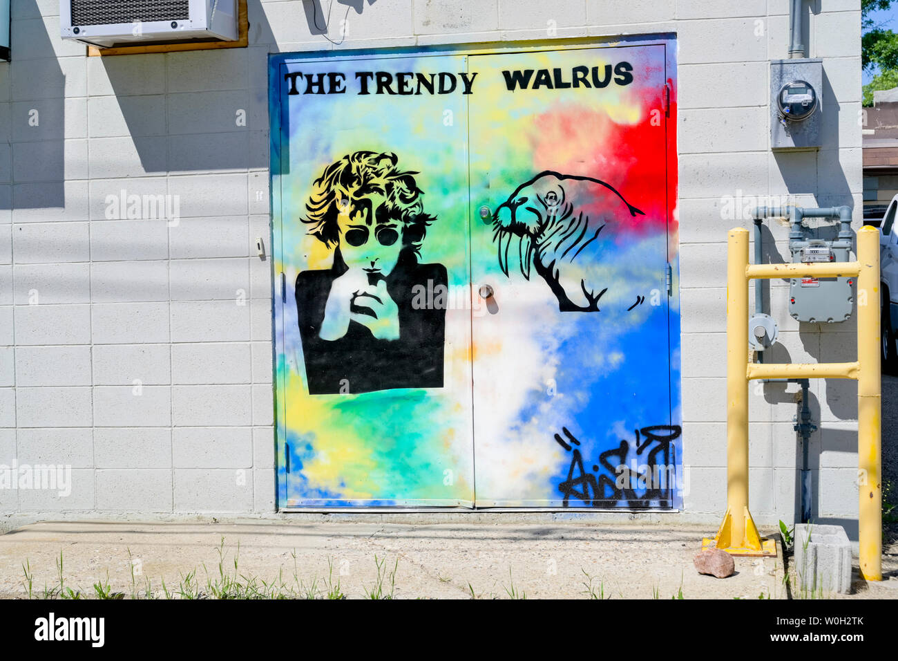 John Lennon motif, Trendy Walrus , back door, Camrose, Alberta, Canada Stock Photo