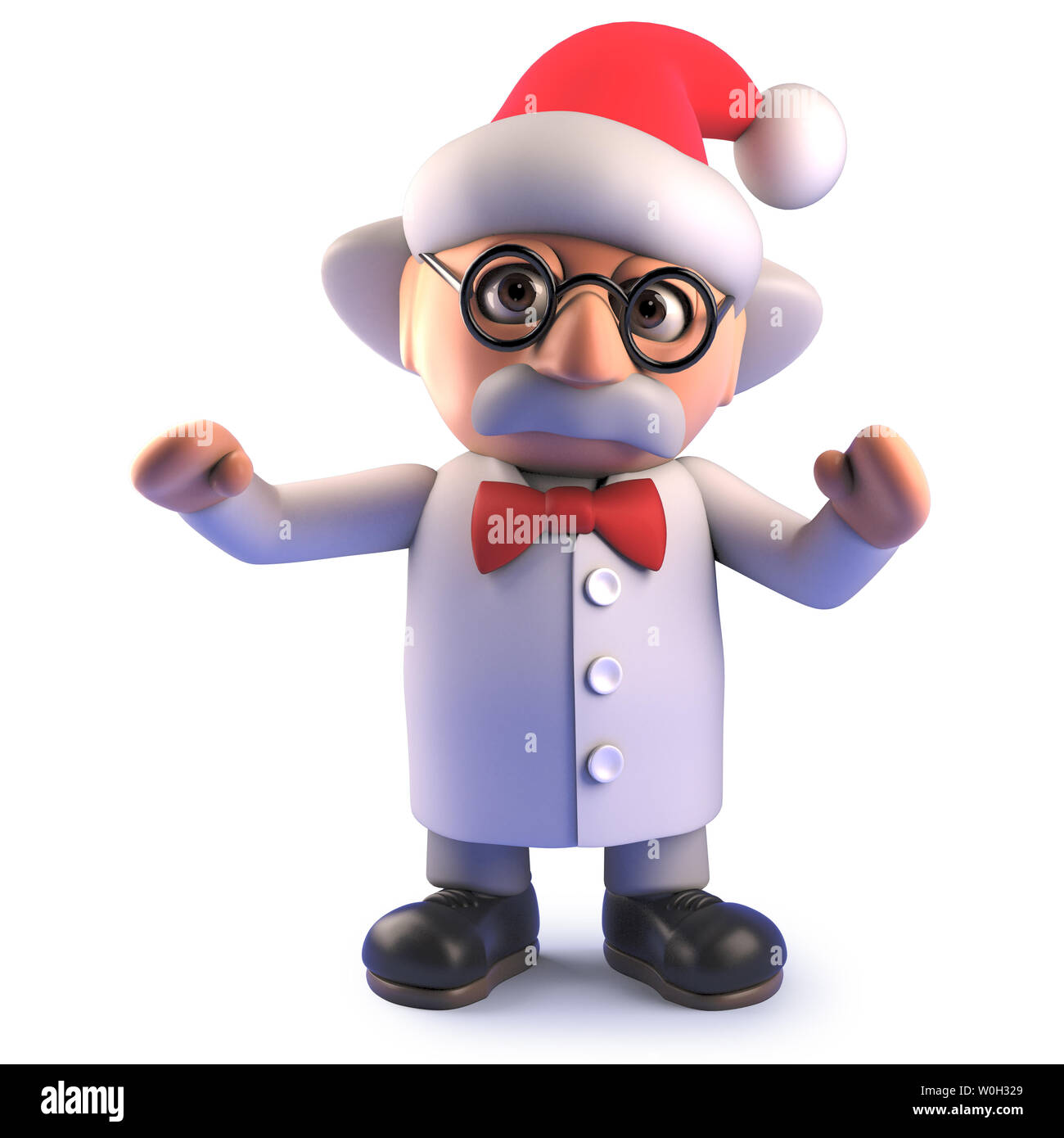 Rendered image of a cartoon mad scientist wearing a Christmas Santa hat, 3d illustration Stock Photo
