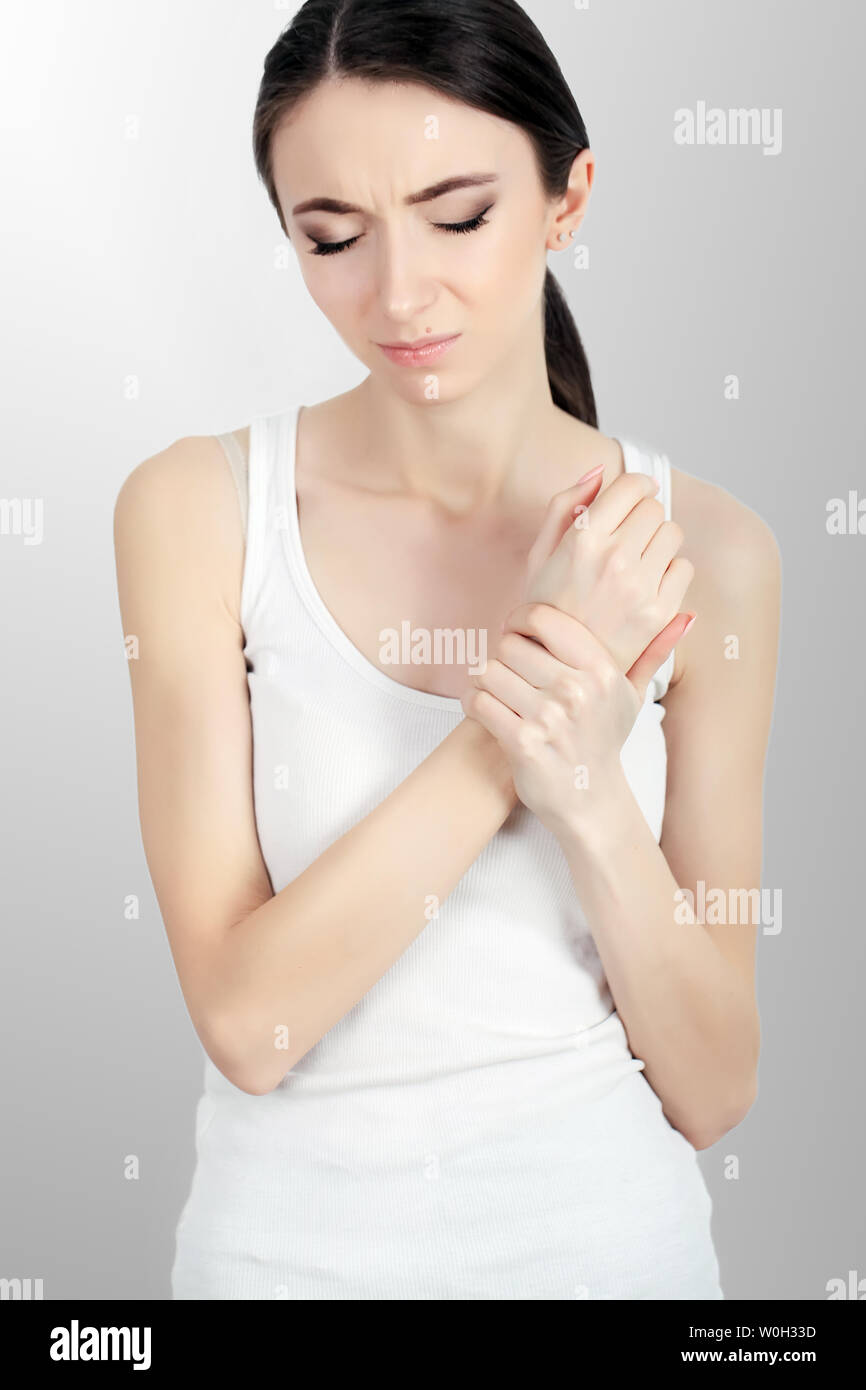 Body Pain. Beautiful Woman Feeling Pain In Shoulders And Arms Stock Photo Alamy