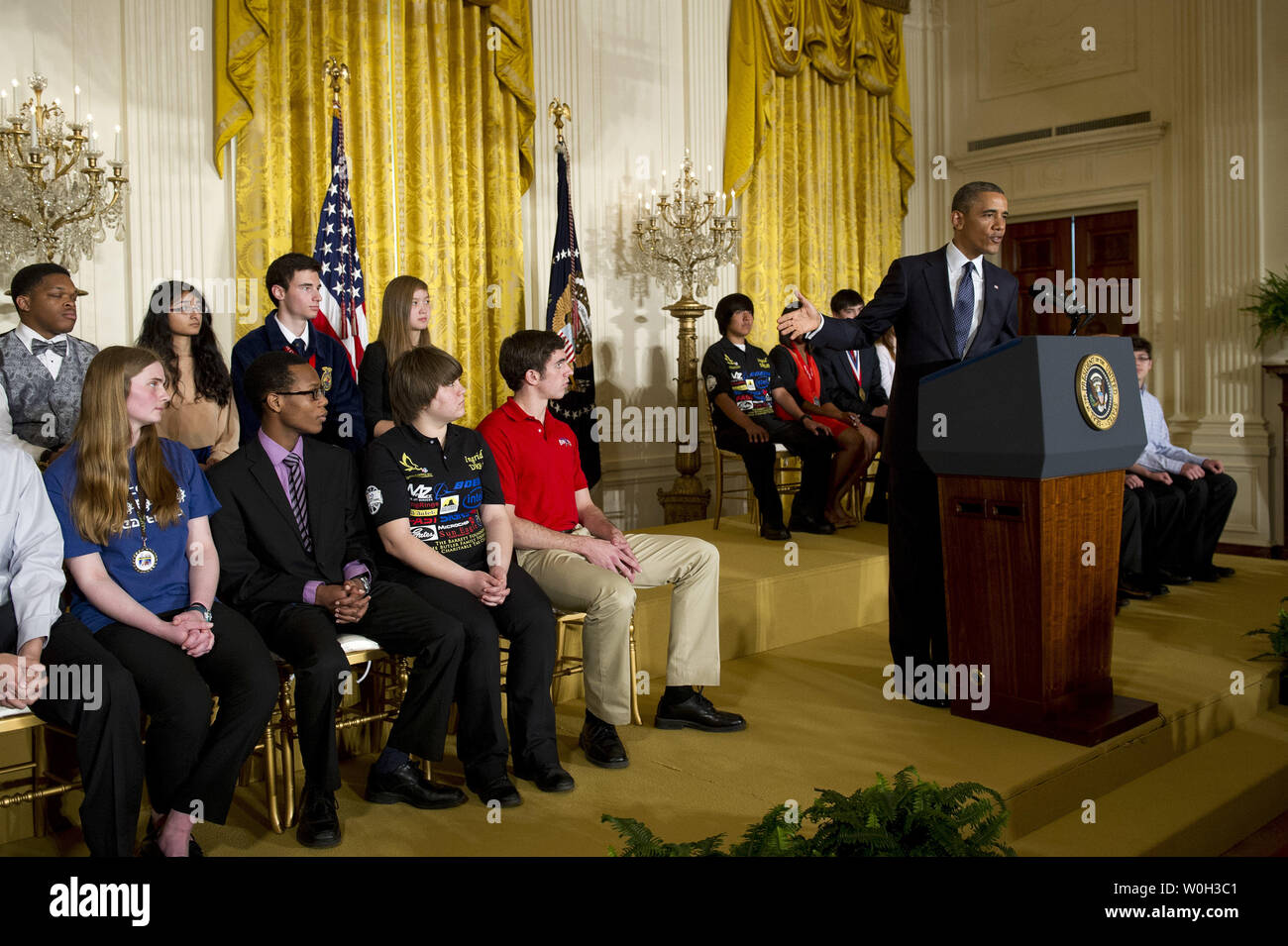 President Barack Obama delivers remarks during the White House Science Fair, in the East Room at the White House on April 22, 2013 in Washington, D.C. Student science fair winners from around the county were invited to the White House to show their projects to the Obama. UPI/Kevin Dietsch Stock Photo