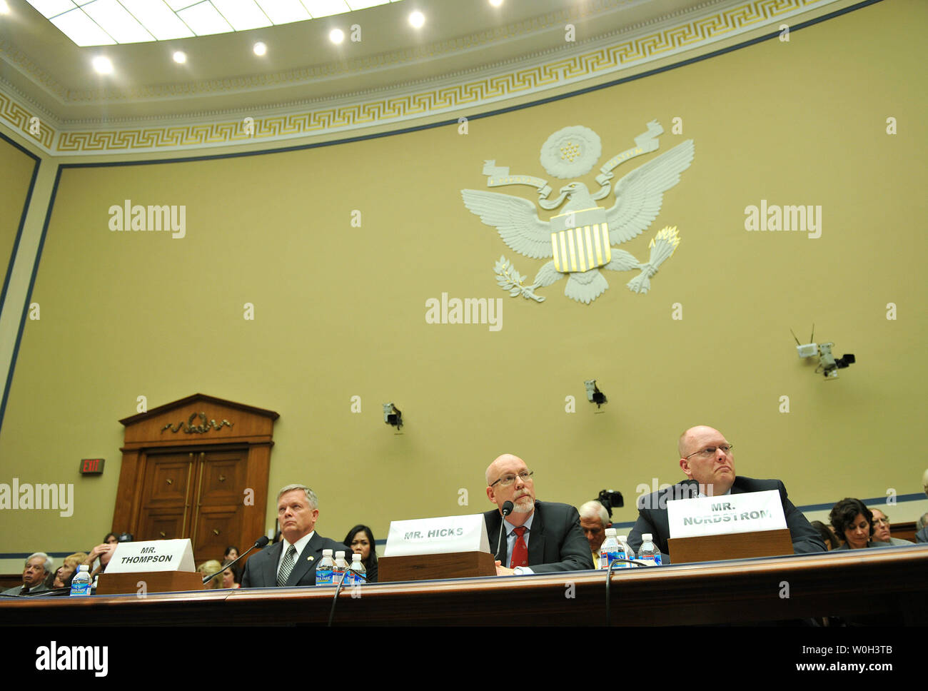 From left to right, Mark Thompson, Acting Deputy Assistant Secretary for Counterterrorism at the Department of State, Gregory Hicks, Foreign Service Officer and former Deputy Chief of Mission in Libya, and Eric Nordstrom, Diplomatic Security Officer and former Regional Security Officer in Libya, testify during a House Oversight and Governmental Reform Committee hearing on the terrorist attacks on the diplomatic compound in Benghazi, on Capitol Hill on May 8, 2013 in Washington, D.C. UPI/Kevin Dietsch Stock Photo