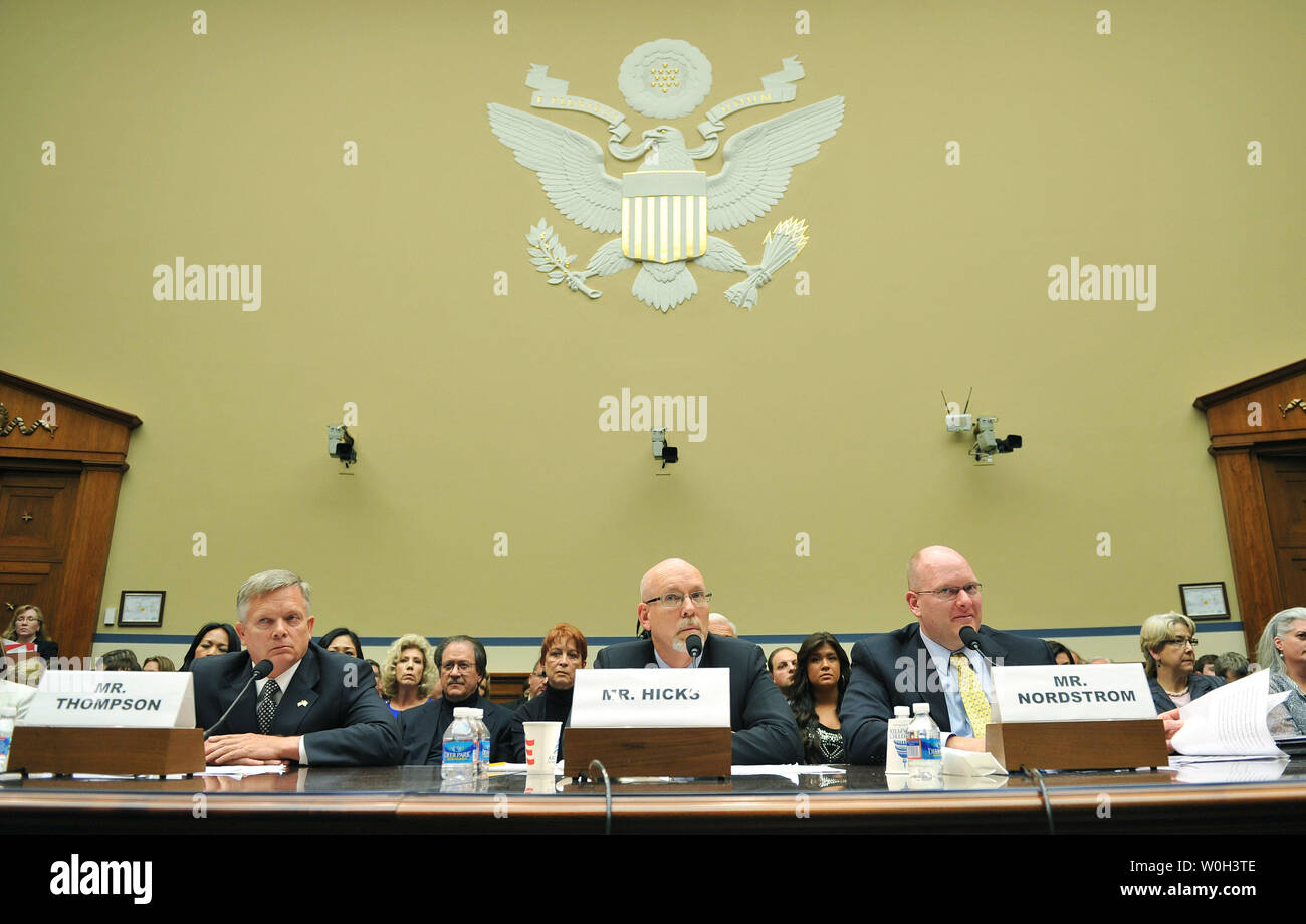 From left to right, Mark Thompson, Acting Deputy Assistant Secretary for Counterterrorism at the Department of State, Gregory Hicks, Foreign Service Officer and former Deputy Chief of Mission in Libya, and Eric Nordstrom, Diplomatic Security Officer and former Regional Security Officer in Libya, testify during a House Oversight and Governmental Reform Committee hearing on the terrorist attacks on the diplomatic compound in Benghazi, on Capitol Hill on May 8, 2013 in Washington, D.C. UPI/Kevin Dietsch Stock Photo