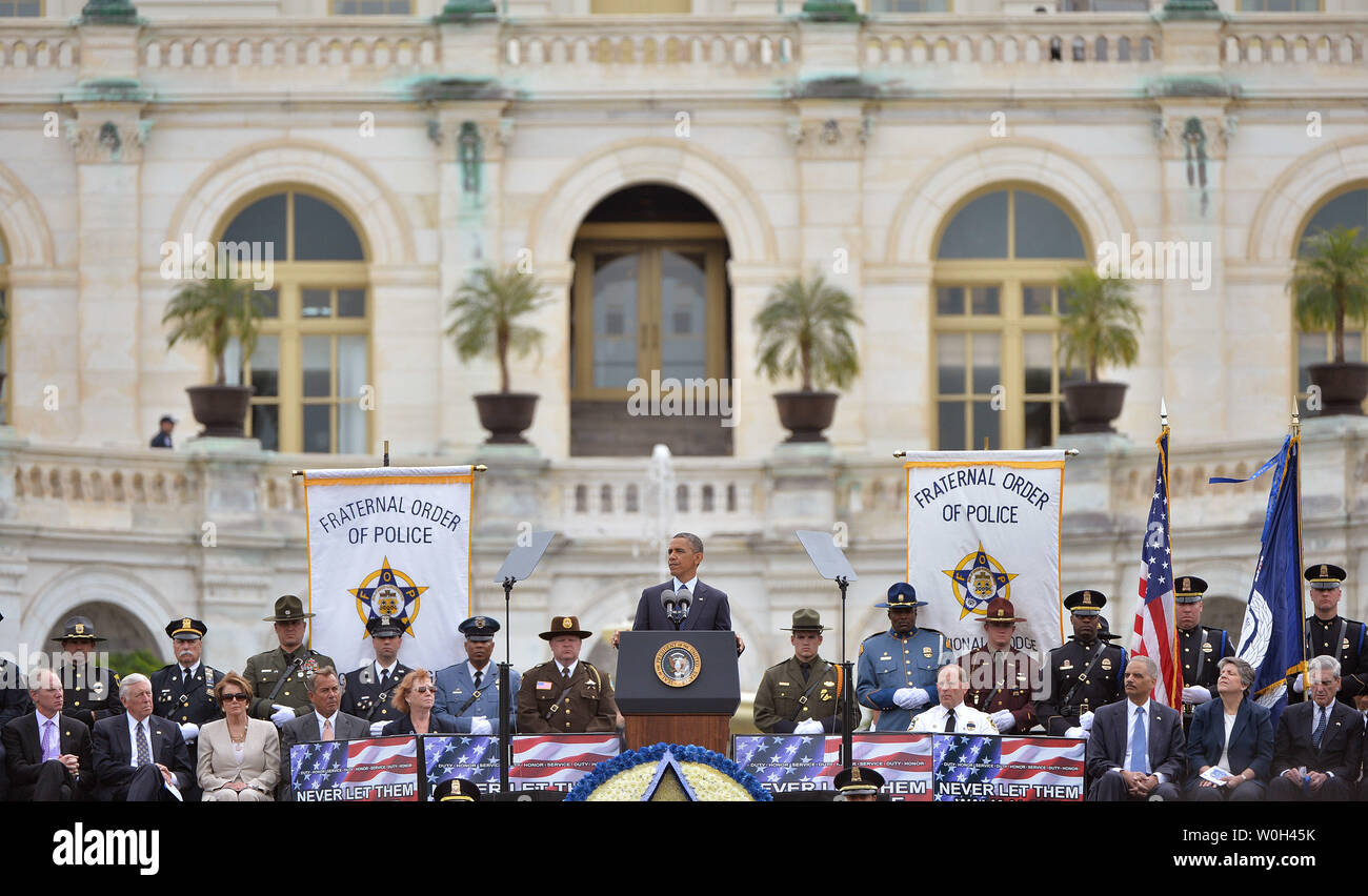 President Barack Obama delivers remarks during the National Peace Officers' Memorial Service on the West Front of the Capitol Building on May 15, 2013 in Washington, D.C.  UPI/Kevin Dietsch Stock Photo